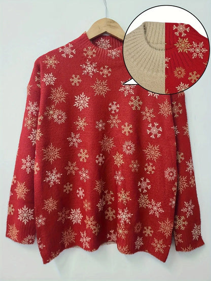 Snowflake Print Crew Neck Sweater, Casual Long Sleeve Sweater For Fall & Winter, Women's Clothing MyFave Boutique