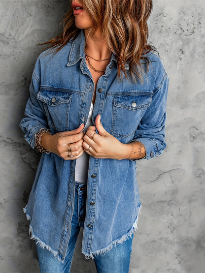 Frayed Hem Long Denim Jackets, Loose Fit Long Sleeves Versatile Lapel Denim Coats, Women's Denim Clothing MyFave Boutique