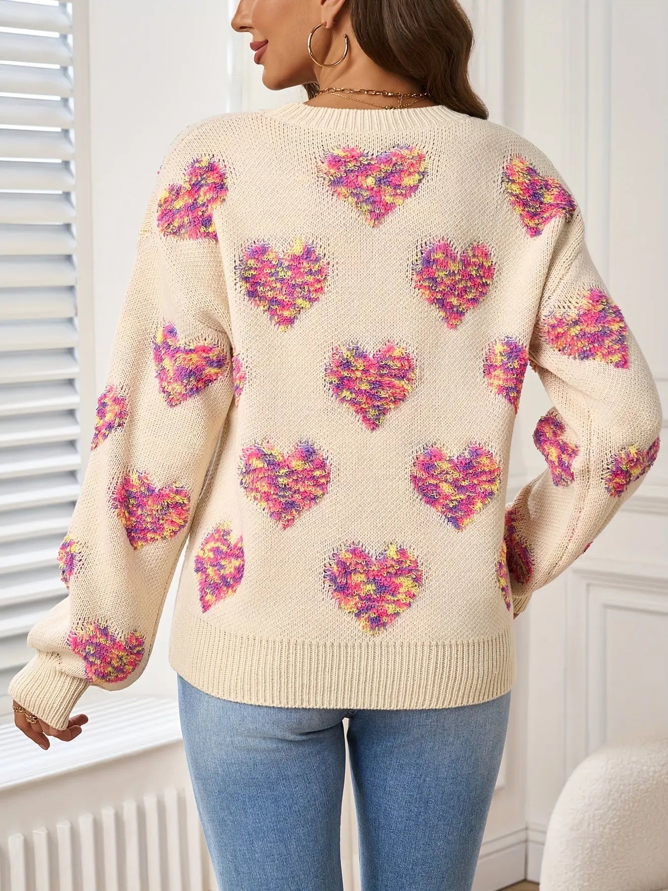 Elegant Crew Neck Heart Pattern Lantern Sleeve Pullover Sweater - 100% Acrylic Medium Stretch Fabric, Fall/Winter Collection Women's Knitwear MyFave Boutique