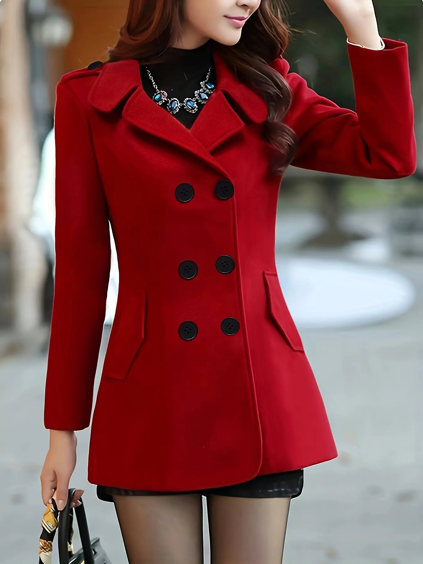 Elegant Solid Red Polyester Trench Coat for Women - Fall/Winter Skinny Fit Long Sleeve Woven Overcoat with Regular Sleeves and No Belt MyFave Boutique