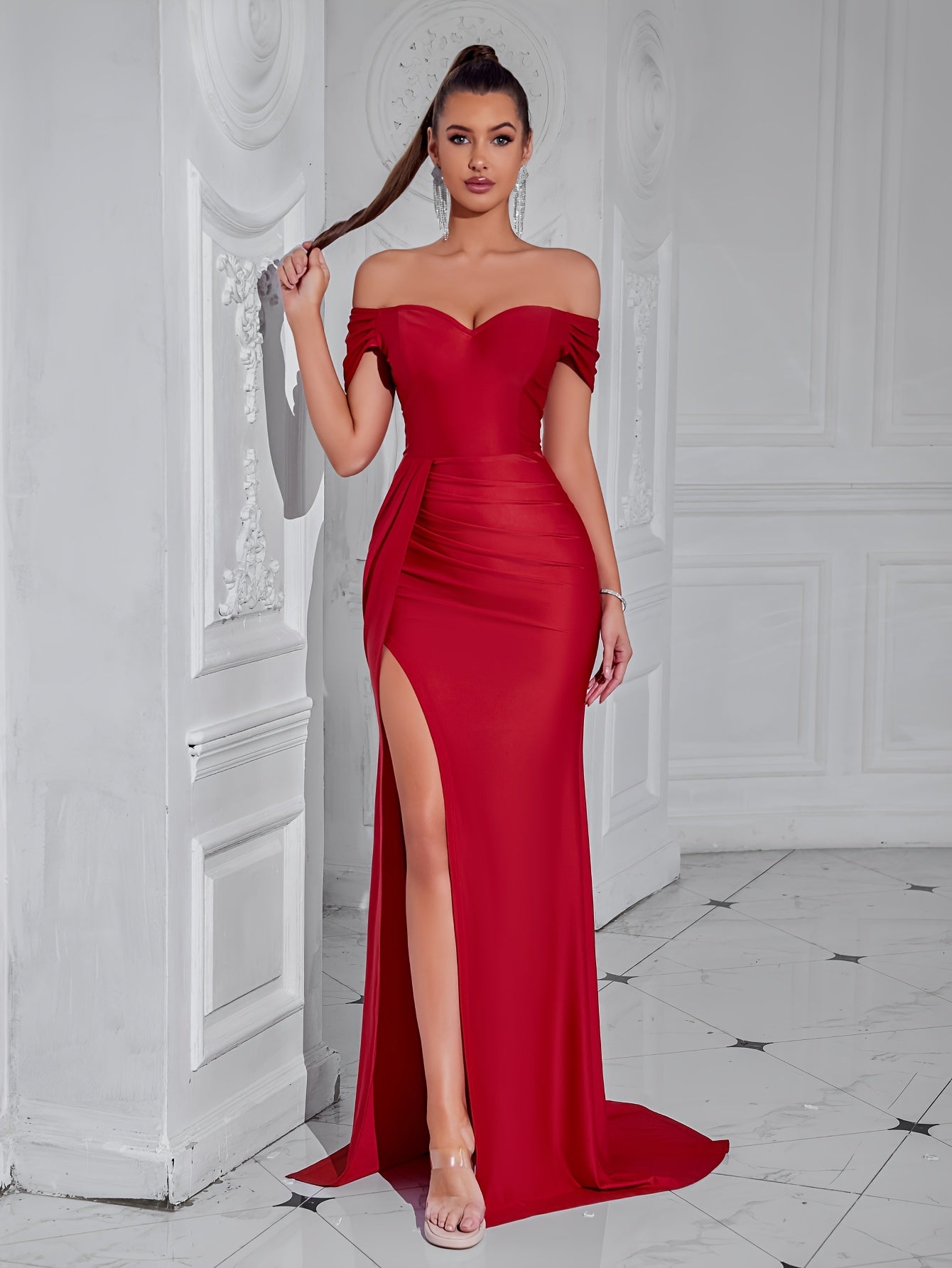 Elegant Off-Shoulder Backless Gown with Sweetheart Neckline and Front Slit - Perfect for Parties & Banquets, Polyester Blend MyFave Boutique