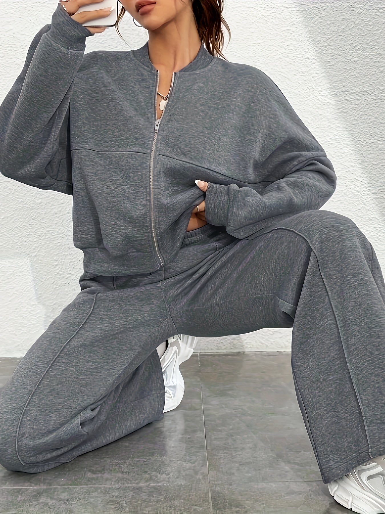 Solid Color Stylish Set, Drop Shoulder Zipper Long Sleeve Sweatshirt & Straight Leg Sweatpants, Women's Clothing MyFave Boutique