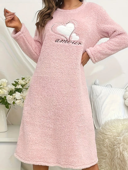 Women's Heart & Letter Pattern Plush Thickened Casual Sleepwear Dress, Long Sleeve Round Neck Loose Fit Dress, Comfortable Nightgown For Fall & Winter MyFave Boutique