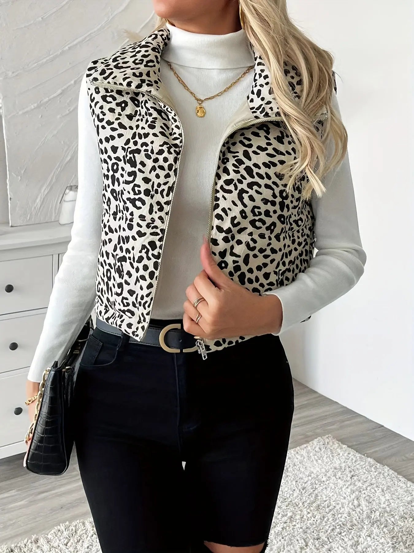 Autumn And Winter Polyester Coat With Leopard Print, Stand Collar, Zipper Closure, Casual Outerwear For Women MyFave Boutique