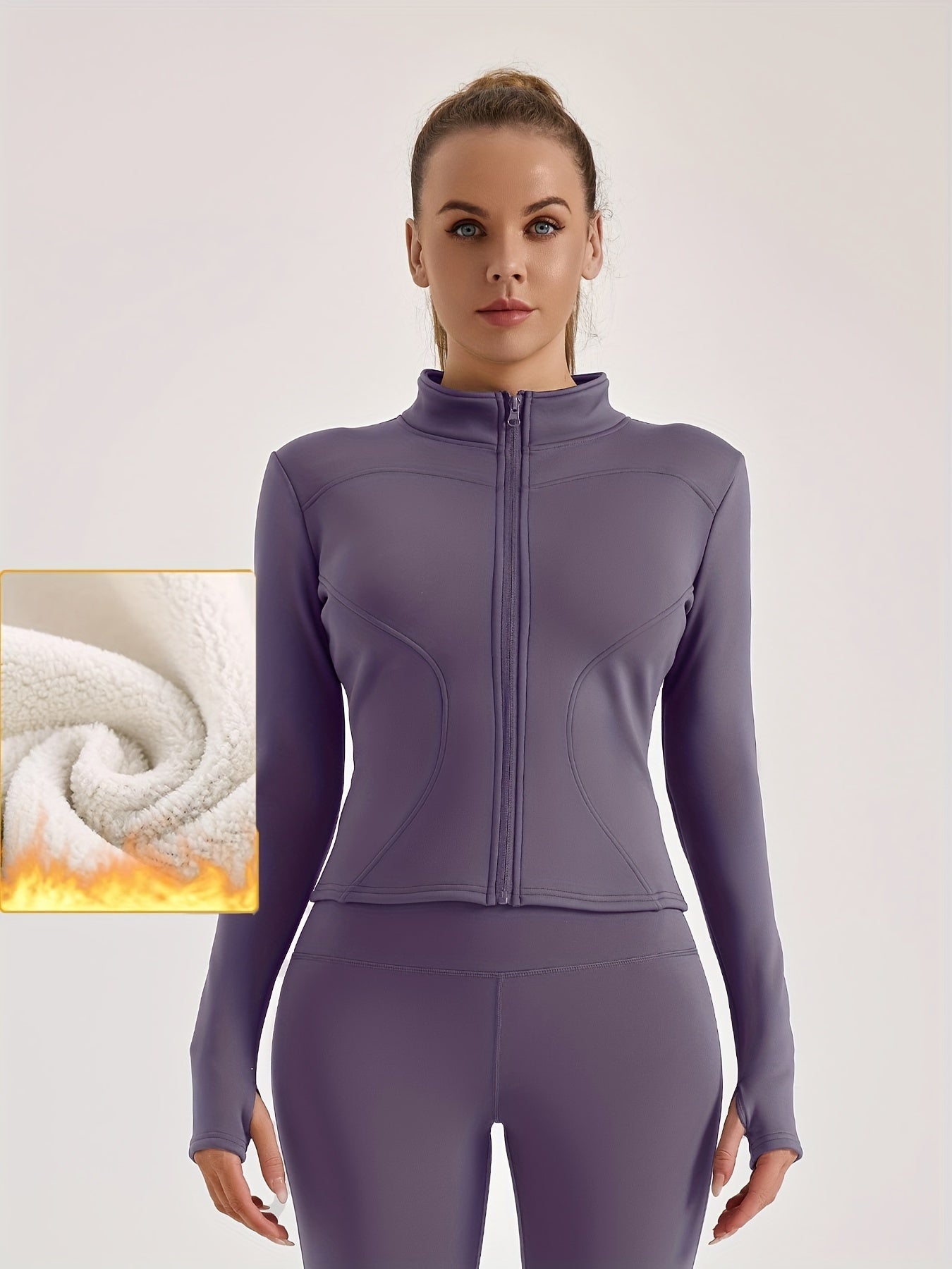 Women's Sports Jacket, Plush Lined Thickened Jacket, Zipper Running Fitness Clothes, Solid Color Long Sleeved Yoga Clothes, For Fall & Winter MyFave Boutique