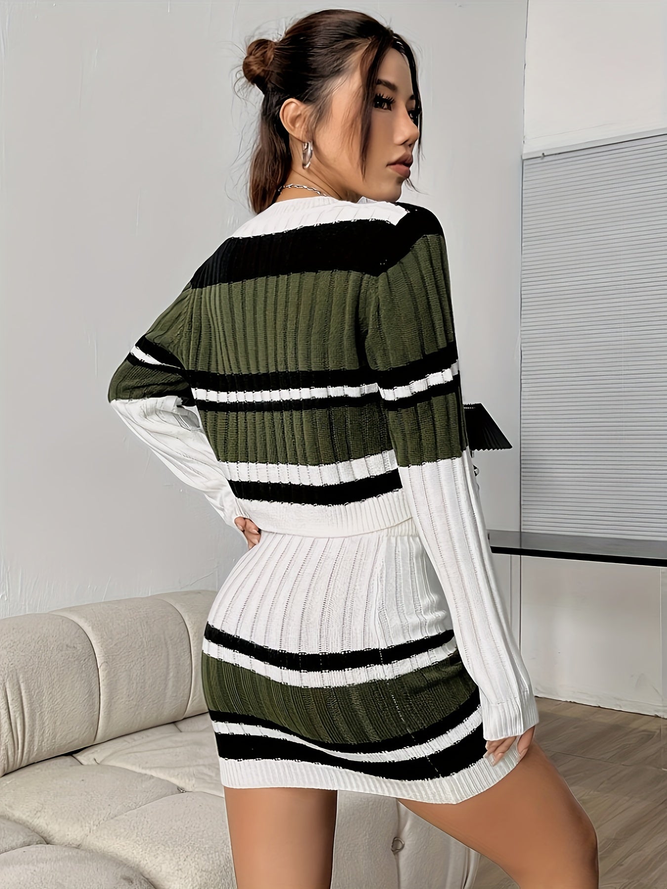 Color Block Ribbed Knit Skirt Set, Crew Neck Long Sleeve Crop Sweater & High Waist Drawstring Slim Skirt Outfits, Women's Clothing MyFave Boutique