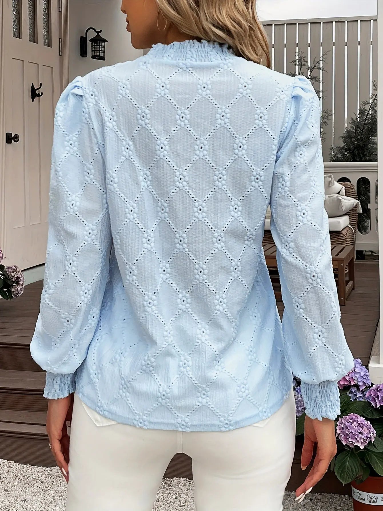 Eyelet Embroidered Lantern Sleeve Blouse with Ruffles, Women's Elegant Wedding & Vacation Top MyFave Boutique