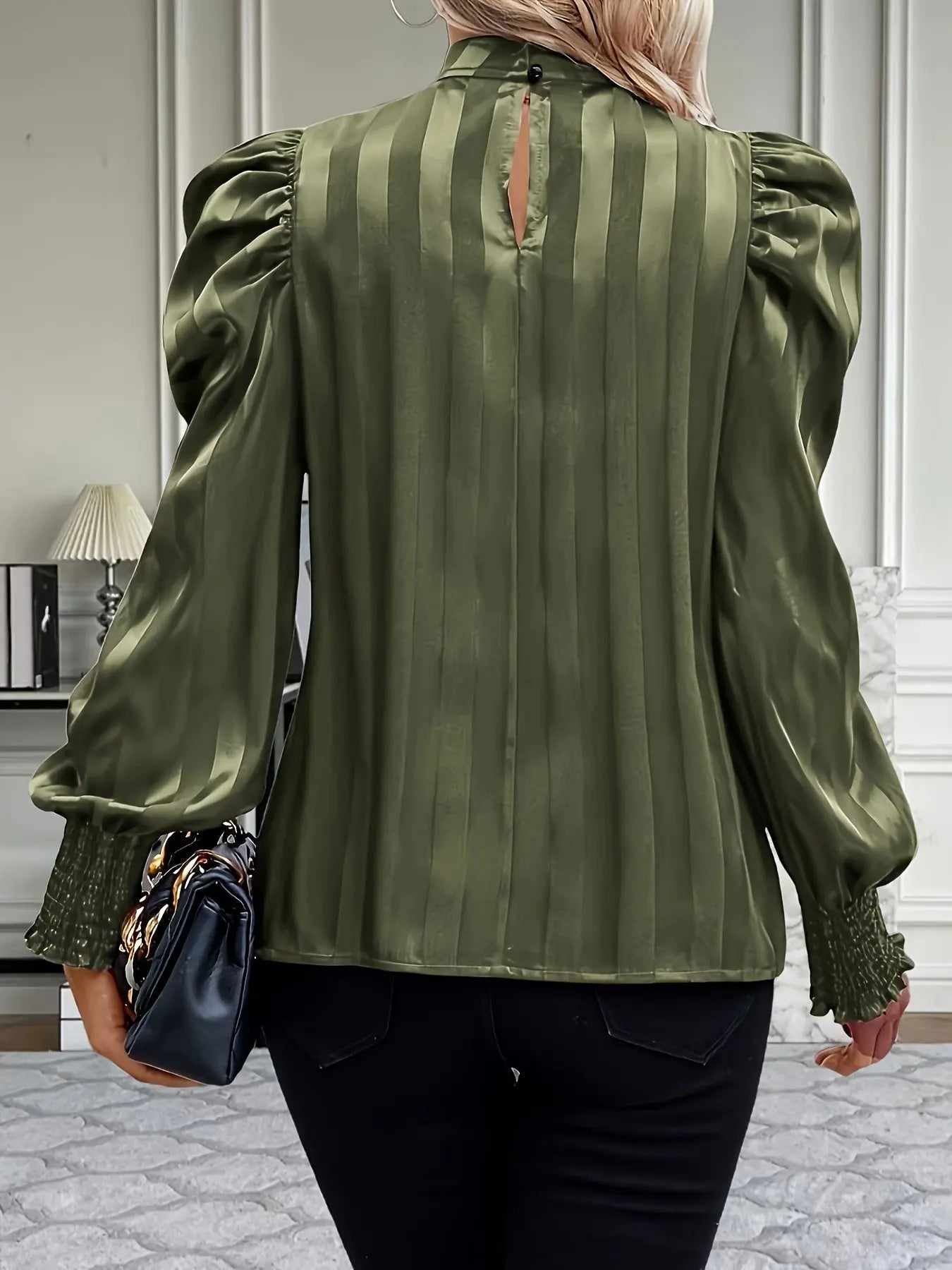 Mock Neck Puff Sleeve Blouse, Elegant Shirred Trim Blouse For Spring & Fall, Women's Clothing MyFave Boutique