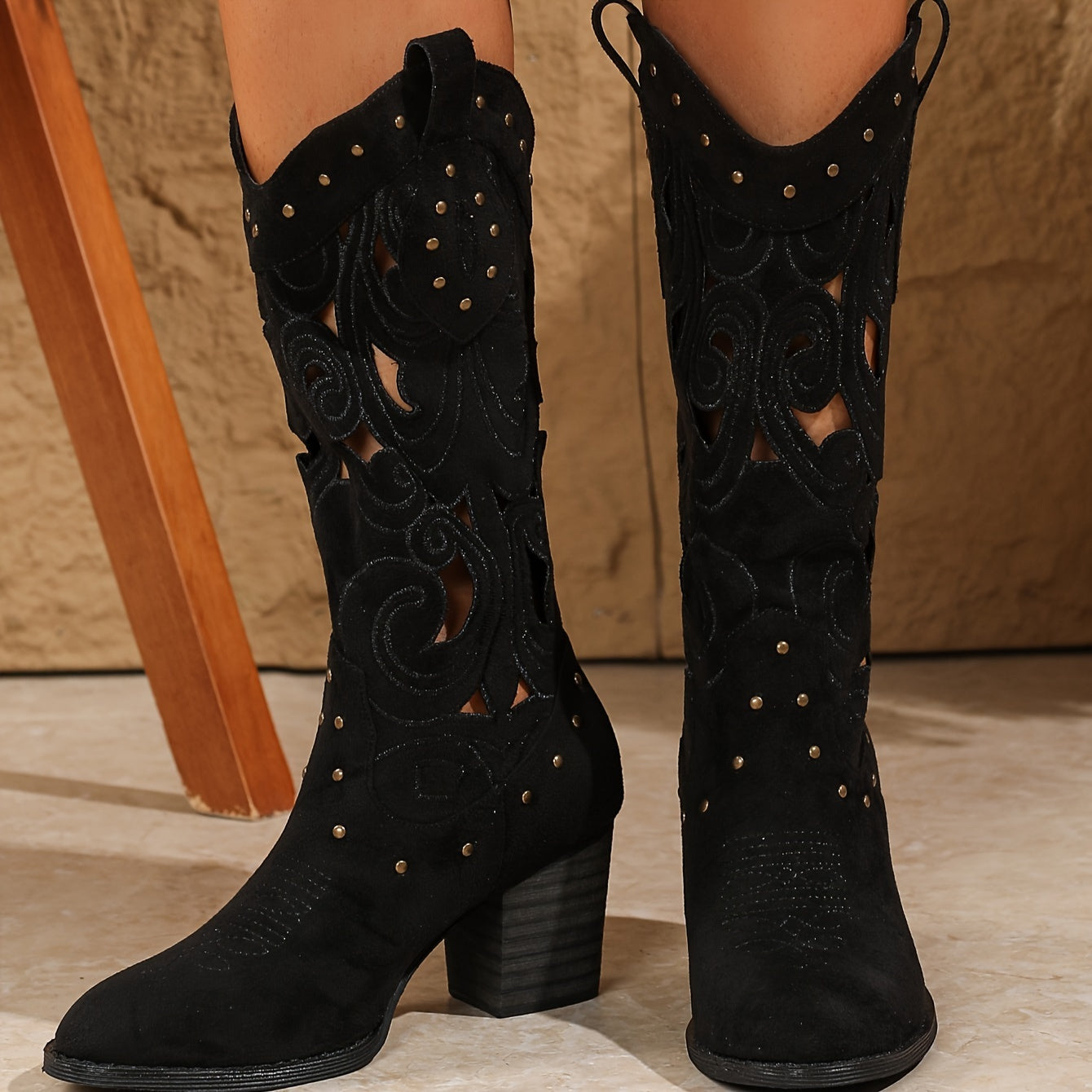 Women's Stylish Studded Boots, Pull On V Cut Out Breathable Chunky Heel Boots, Mid-Calf Western Cowboy Knight Boots MyFave Boutique