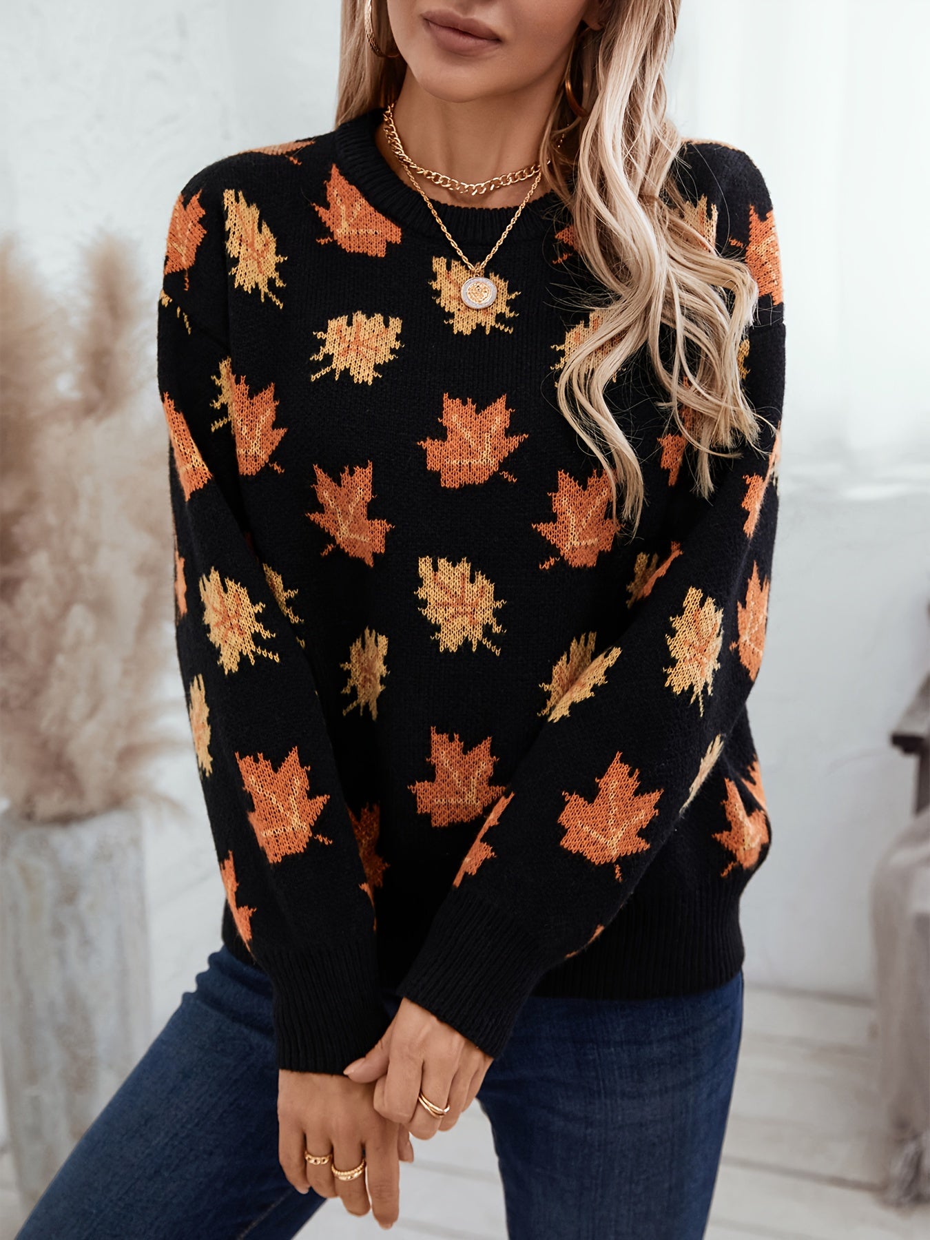 Autumn Maple Leaf Print Crew Neck Sweater - 100% Polyester Casual Knit Pullover with Long Sleeves, Slight Stretch, Loose Fit for Fall/Winter MyFave Boutique