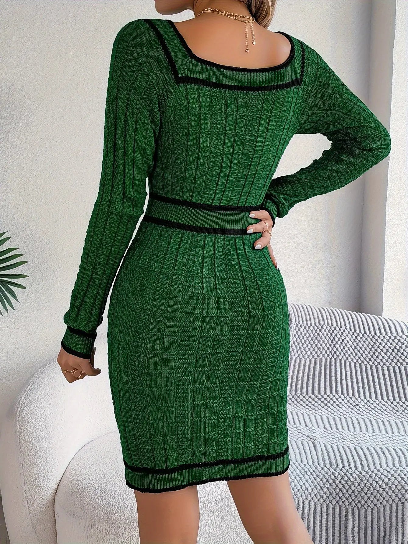 Elegant Striped Knit Bodycon Dress with Button Detail - Square Neck, Long Sleeve, Perfect for Fall & Winter - Women's Fashion MyFave Boutique