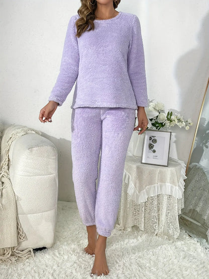 2pcs Plush Loungewear Set For Winter & Fall, Long Sleeve Top & Solid Pants, Women's Loungewear & Sleepwear MyFave Boutique