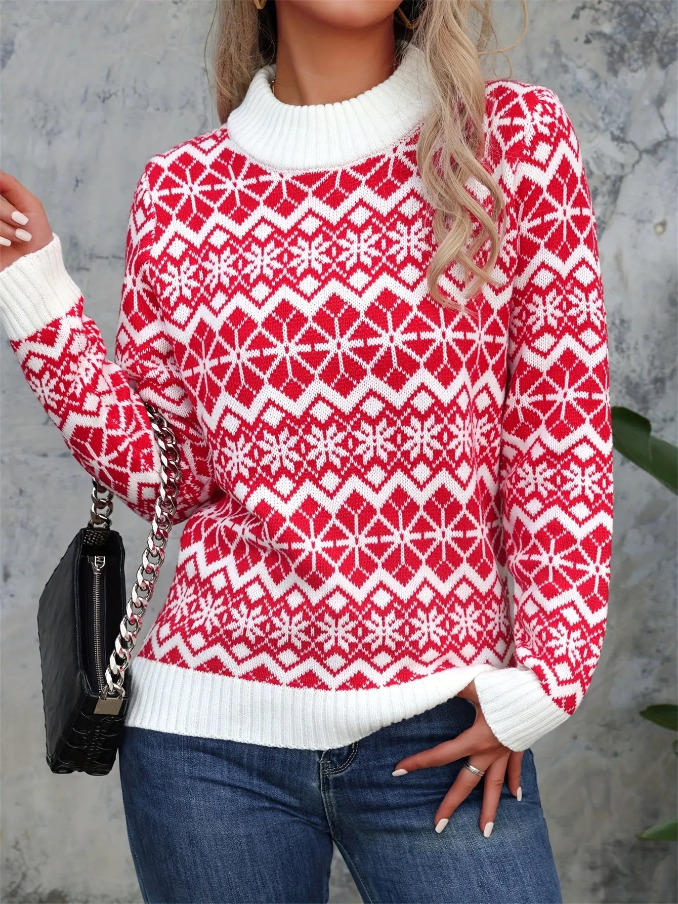 Christmas Snowflake Geo Pattern Mock Neck Sweater, Elegant Color Block Long Sleeve Sweater For Fall & Winter, Women's Clothing MyFave Boutique