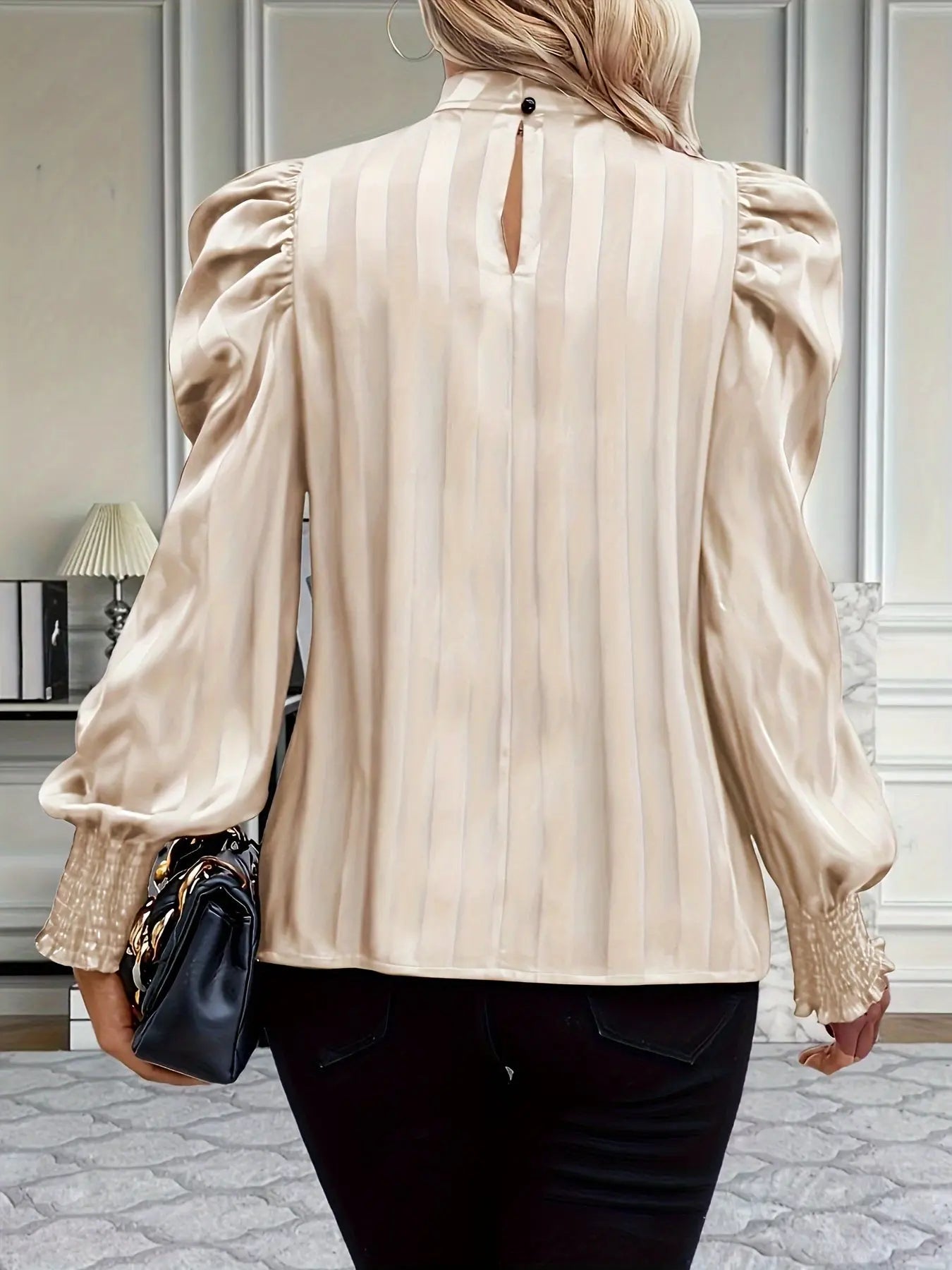 Mock Neck Puff Sleeve Blouse, Elegant Shirred Trim Blouse For Spring & Fall, Women's Clothing MyFave Boutique