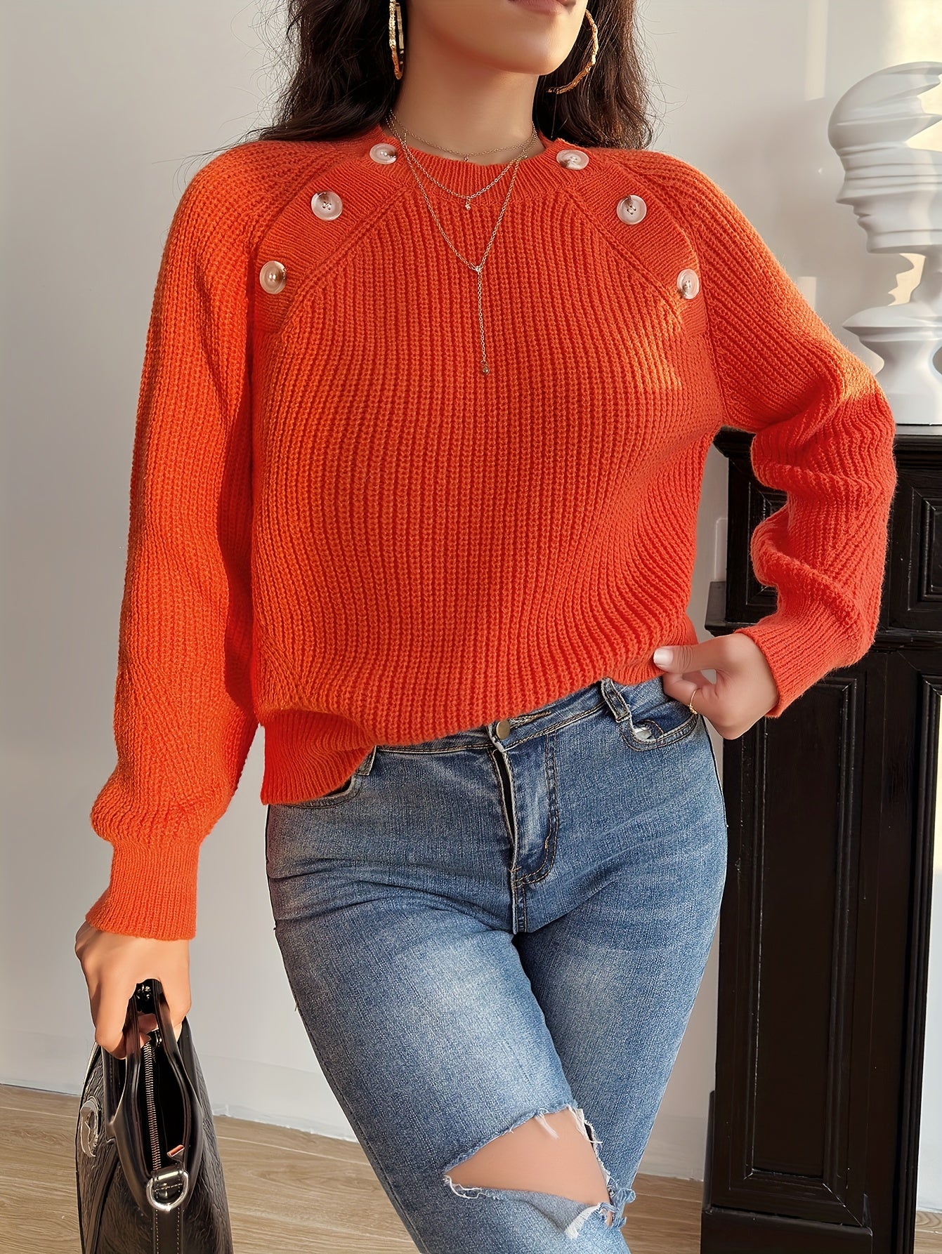 Buttons Decor Knitted Pullover Sweater, Casual Solid Long Sleeve Sweater For Fall & Winter, Women's Clothing MyFave Boutique