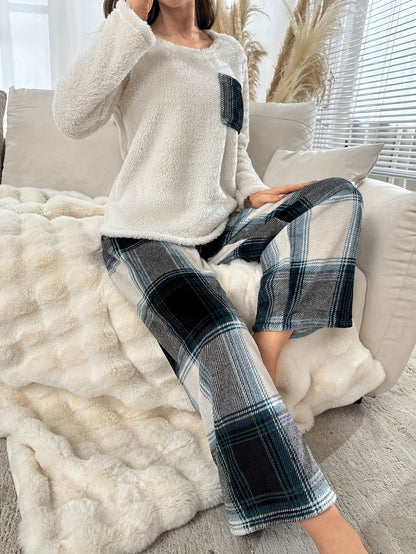 Women's Plaid Print Plush Thick Casual Lounge Set, Long Sleeve Round Neck Top & Pants, Comfortable Relaxed Fit For Fall & Winter MyFave Boutique