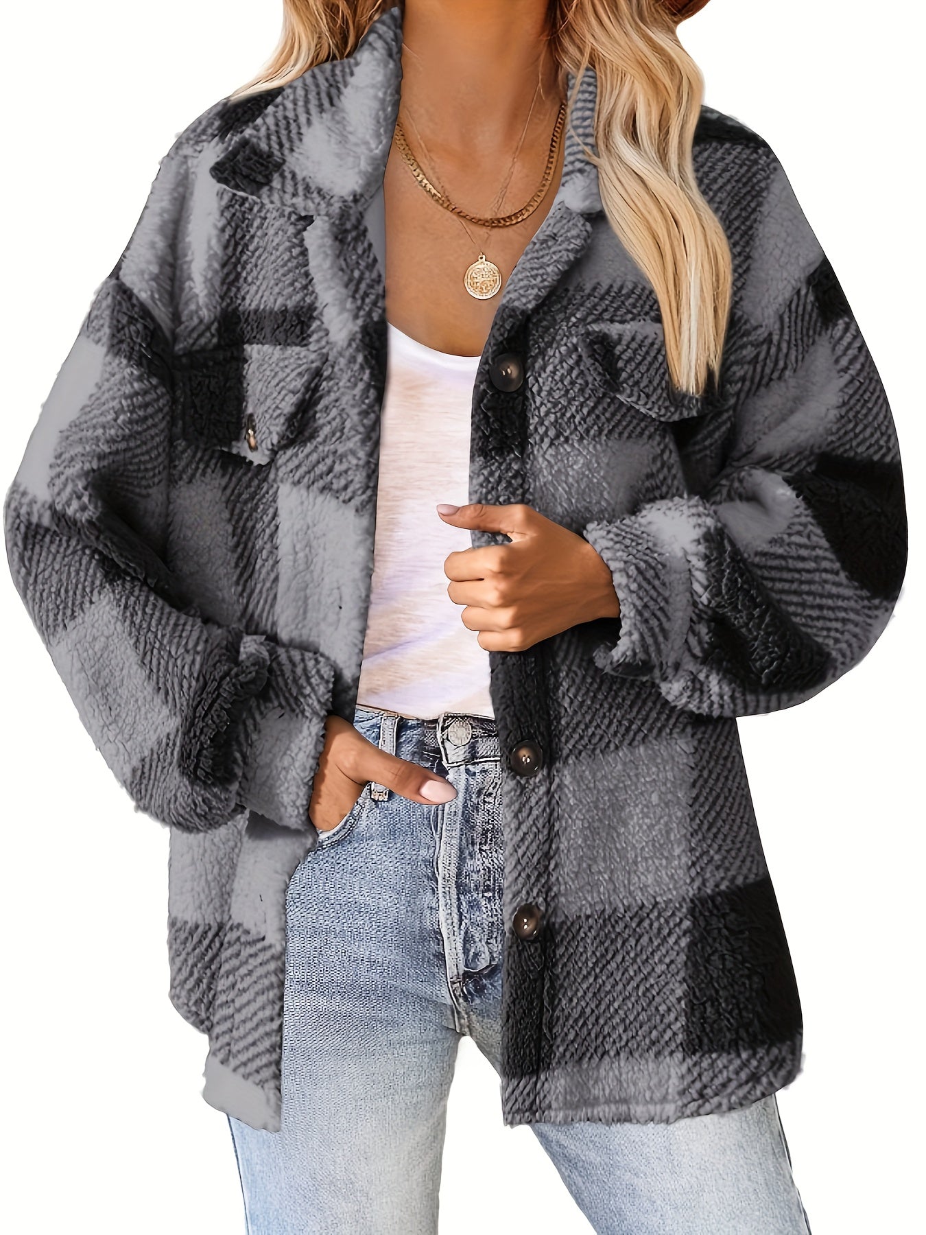 Cozy Plaid Fuzzy Jacket - Soft, Warm, And Stylish Long Sleeve Outerwear With Button Front Closure For Women - Perfect For Fall And Winter Casual Wear MyFave Boutique