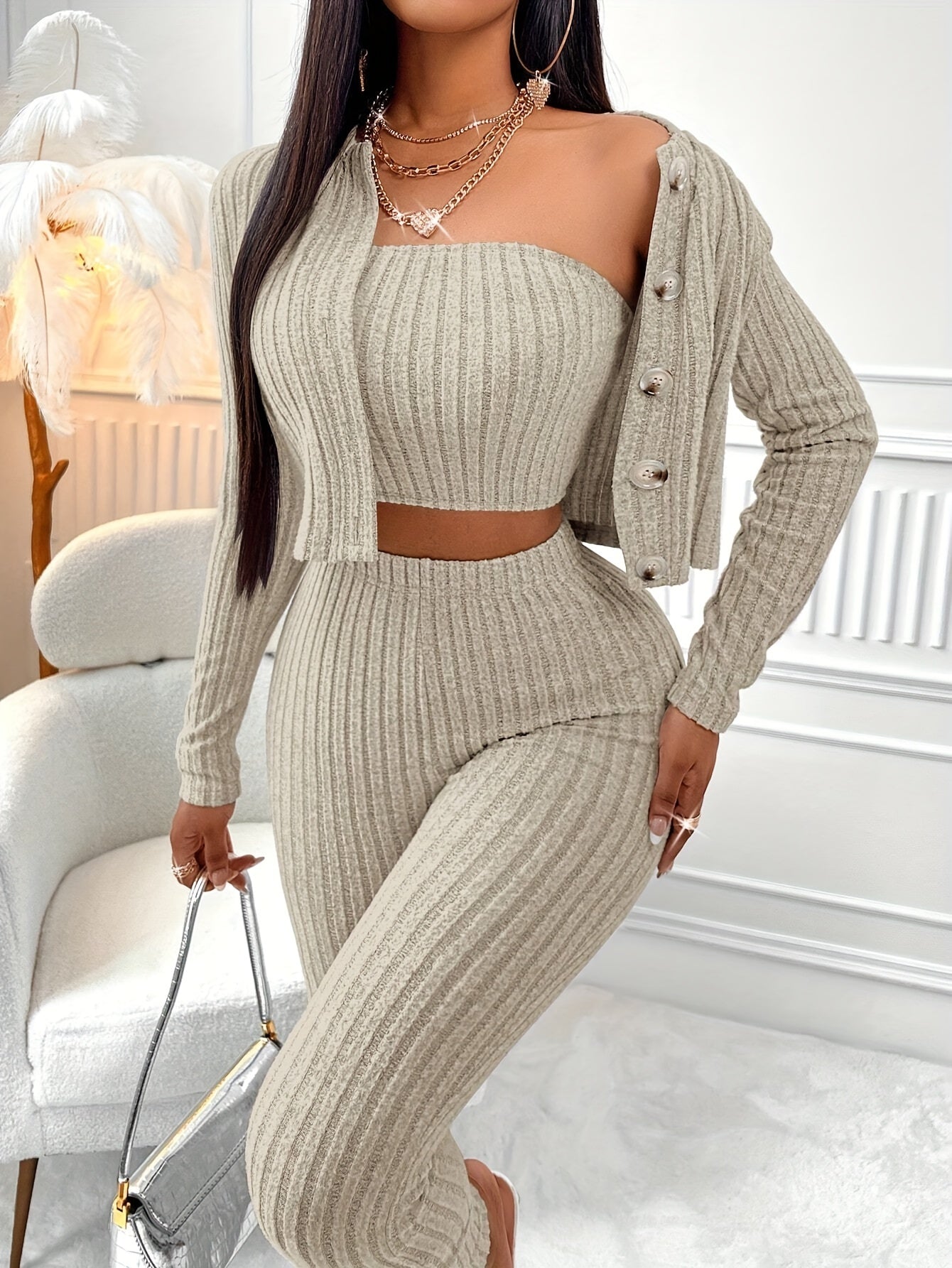 Textured Matching 3-pieces Set, Casual Long Sleeve Button Front Cardigan & Slim Tube Top & Skinny Pants Outfits, Women's Clothing MyFave Boutique