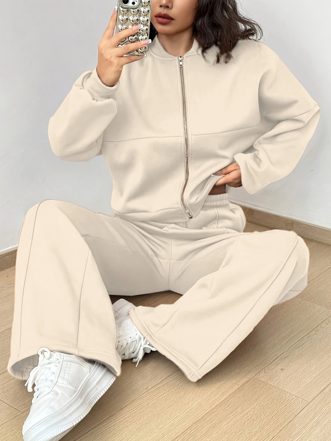 2 Pcs Jacket & Sweatpants Set, Long Sleeve Zip-up Drop Shoulder Jacket & Drawstring Straight Leg Sweatpants, Women's Clothing MyFave Boutique