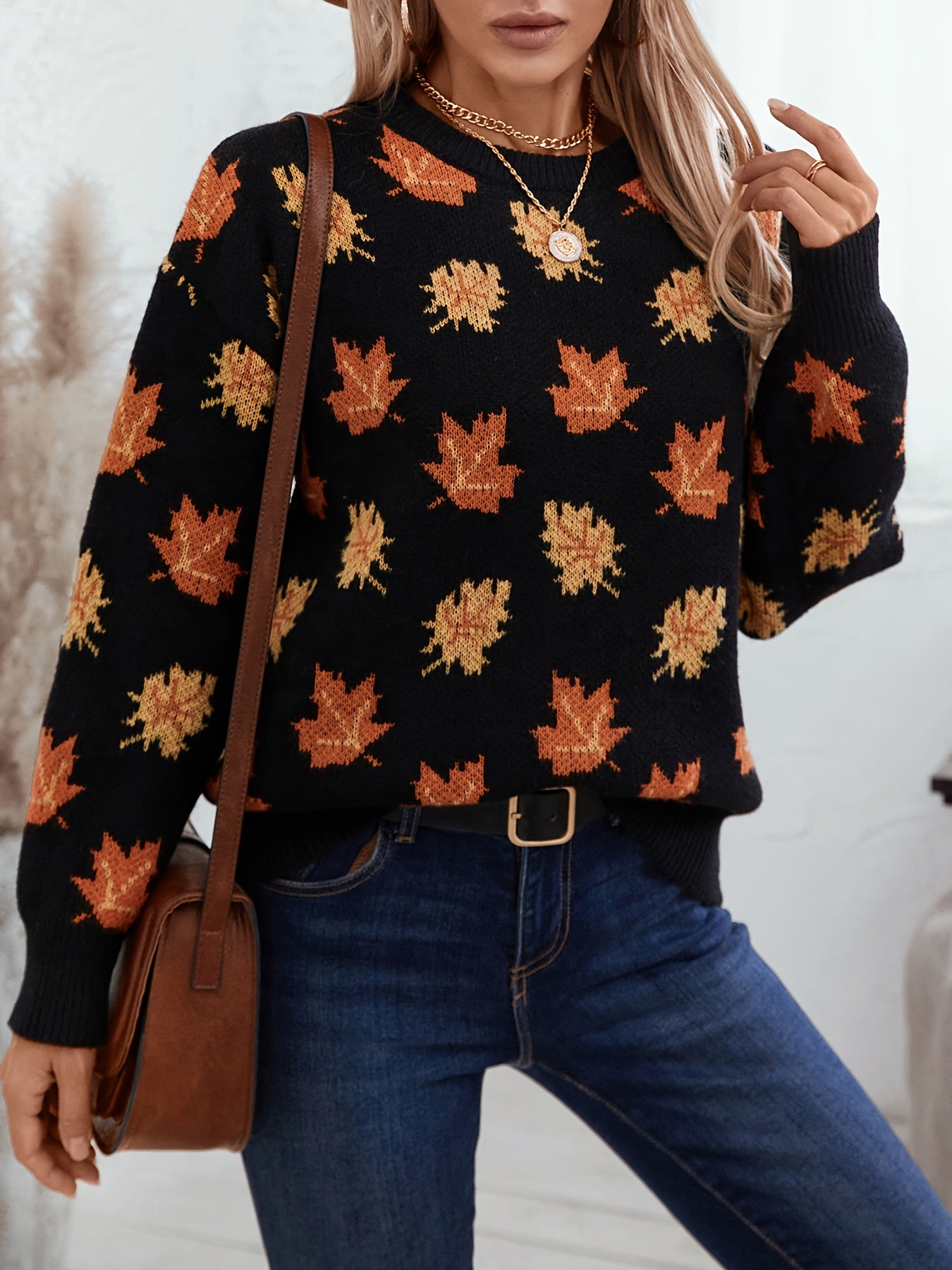 Autumn Maple Leaf Print Crew Neck Sweater - 100% Polyester Casual Knit Pullover with Long Sleeves, Slight Stretch, Loose Fit for Fall/Winter MyFave Boutique