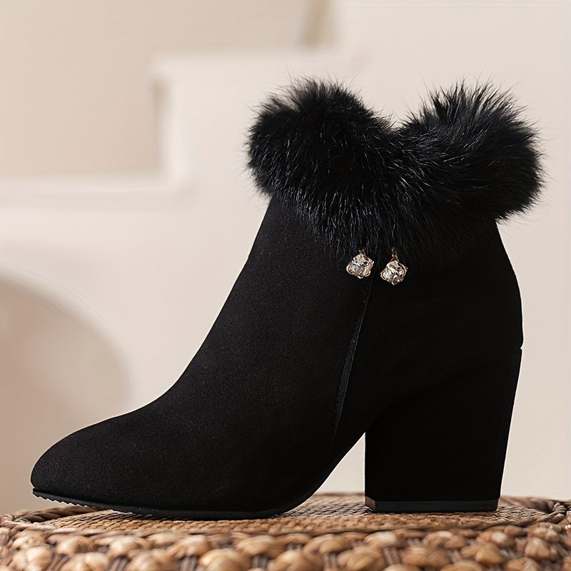 Women's Solid Color Lined Boots, Side Zipper Chunky Heel Fluffy Warm Boots, Winter Plush Comfy Shoes MyFave Boutique