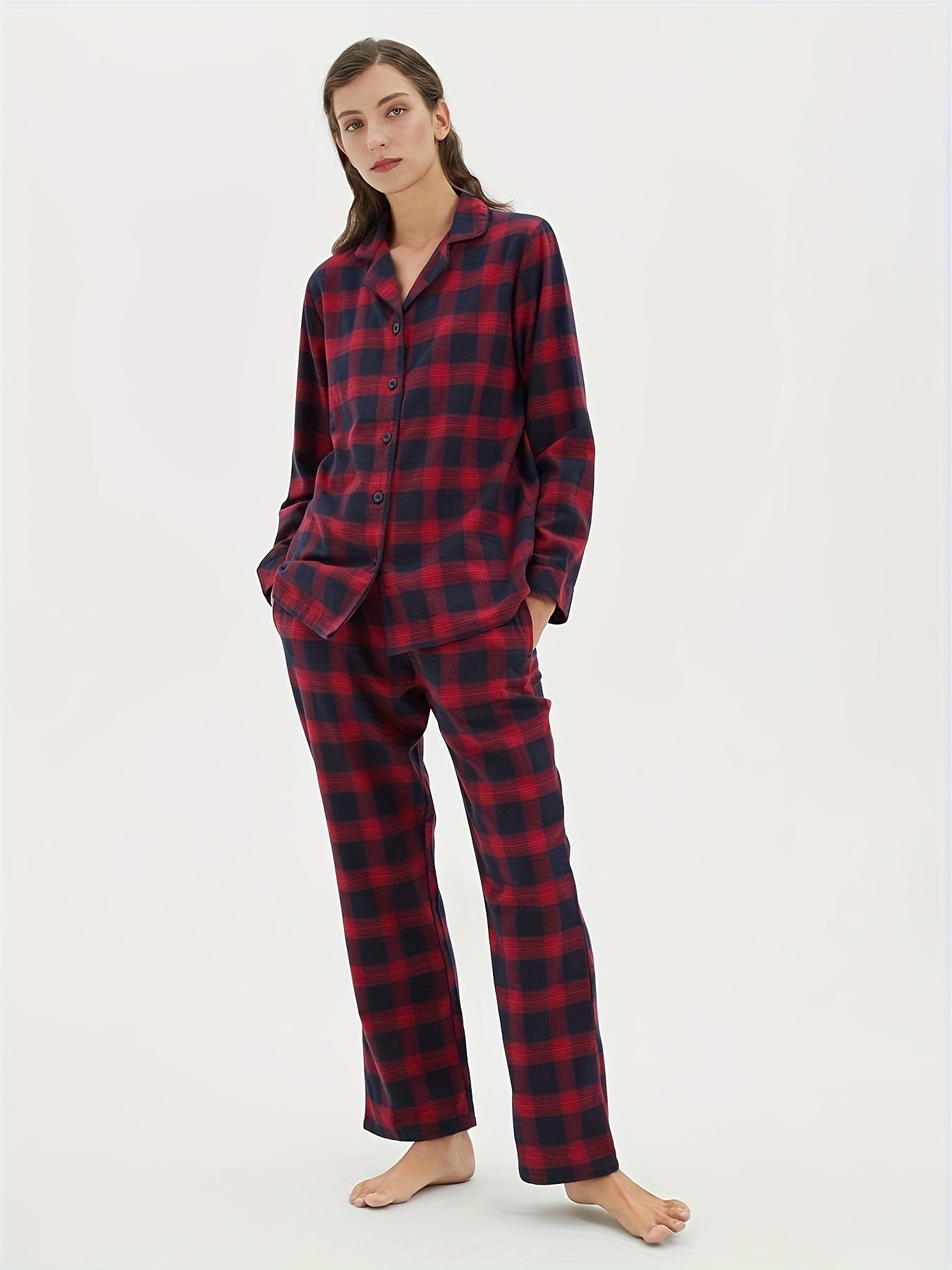 SIORO Flannel Long Sleeve Pajamas Women 100% Cotton Plaid Pajama Set Pajamas Home Clothes MyFave Boutique