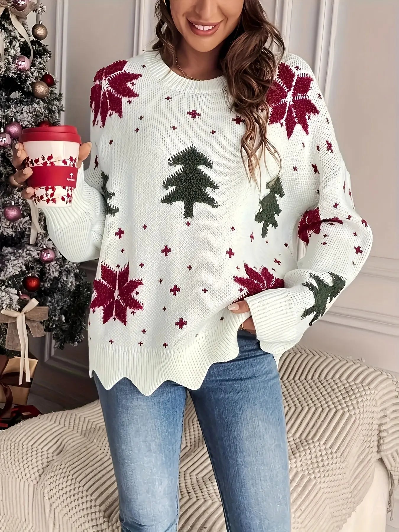 Cozy Christmas Tree Knit Sweater for Women - Casual Long Sleeve Crew Neck Pullover, Perfect for Fall & Winter MyFave Boutique