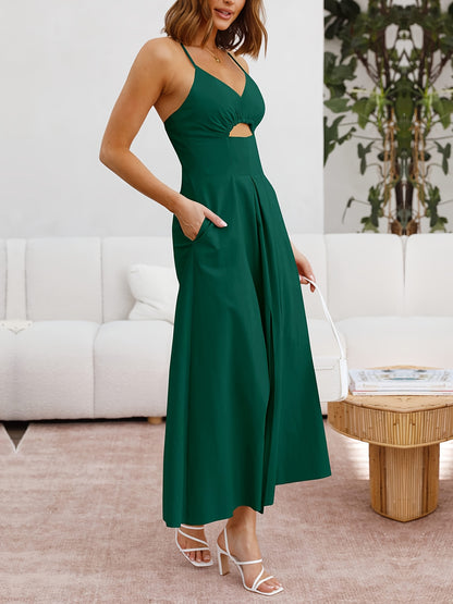 Women's 2024 Summer Slim Shoulder Strap Dress Sleeveless V-neck Hollowed Out Slit Casual Beach Party Long Dress With Pockets MyFave Boutique