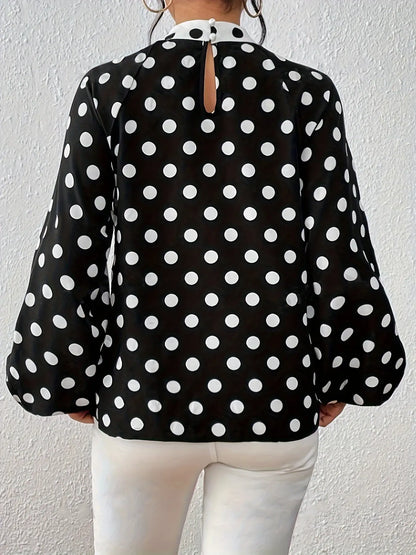 Polka Dot Print Tie Neck Blouse, Elegant Lantern Sleeve Top For Spring & Fall, Women's Clothing MyFave Boutique