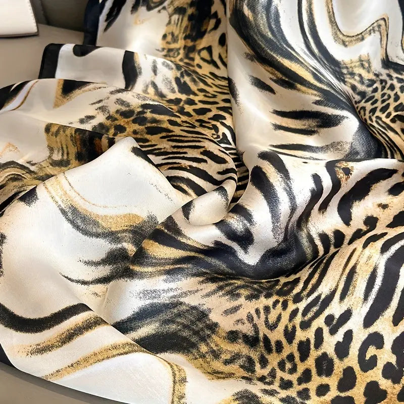 Stylish Leopard Print Scarf Simulated Silk Thin Smooth Shawl Mature Style Windproof Sunscreen Travel Scarf For Women MyFave Boutique