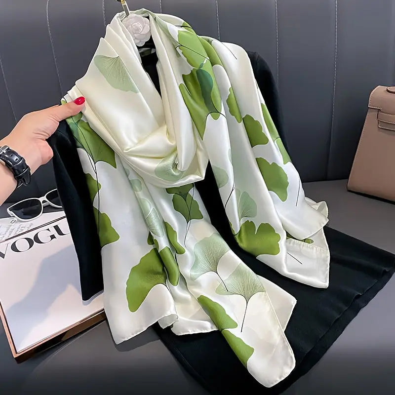 Bohemian Satin Silk-Feel Scarf With Green Ginkgo Leaf Print, Soft & Skin-Friendly Summer Shawl, Lightweight Sun Protection Travel Scarf Wrap For Women MyFave Boutique