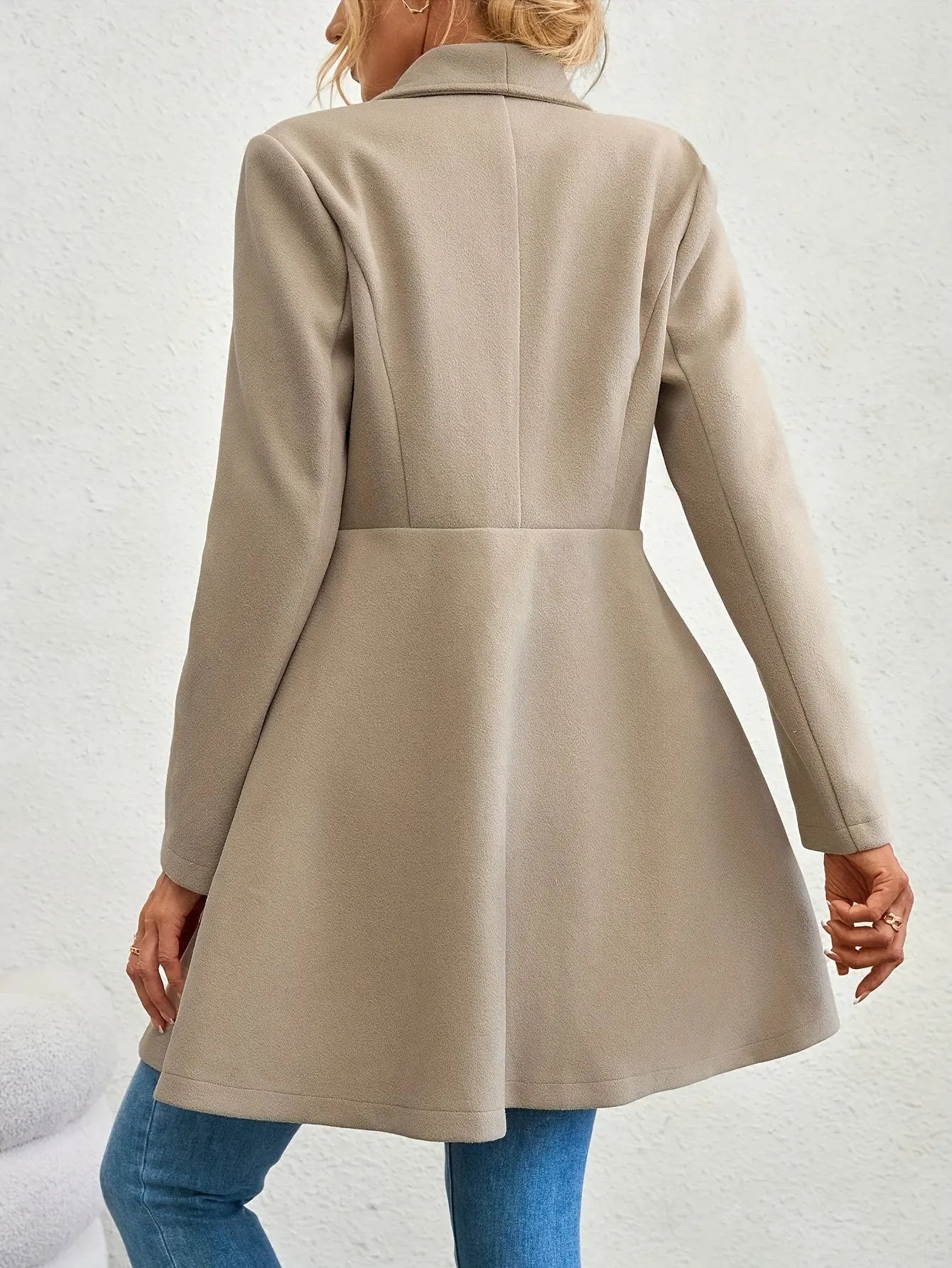 Double-breasted A-line Lapel Coat, Elegant Solid Long Sleeve Longline Coat For Fall & Winter, Women's Clothing MyFave Boutique