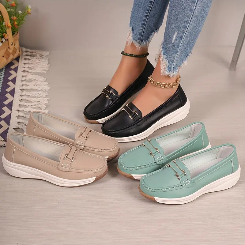 Women's Metallic Buckle Decorated Flat Shoes, Fashionable And Comfortable Soft Soled Shoes, Versatile Casual Women's Loafers MyFave Boutique