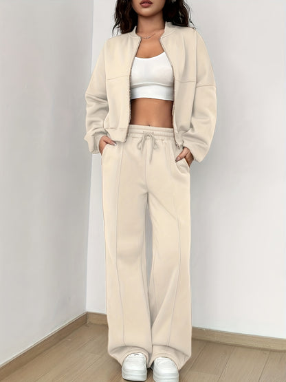 2 Pcs Jacket & Sweatpants Set, Long Sleeve Zip-up Drop Shoulder Jacket & Drawstring Straight Leg Sweatpants, Women's Clothing MyFave Boutique