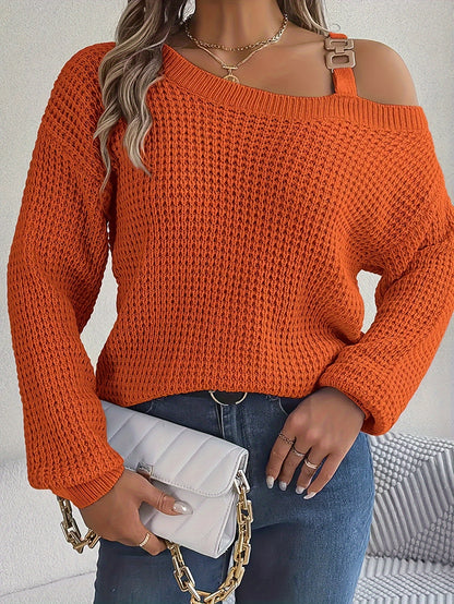 Chain Strap Cold Shoulder Sweater, Casual Long Sleeve Sweater For Fall & Winter, Women's Clothing MyFave Boutique