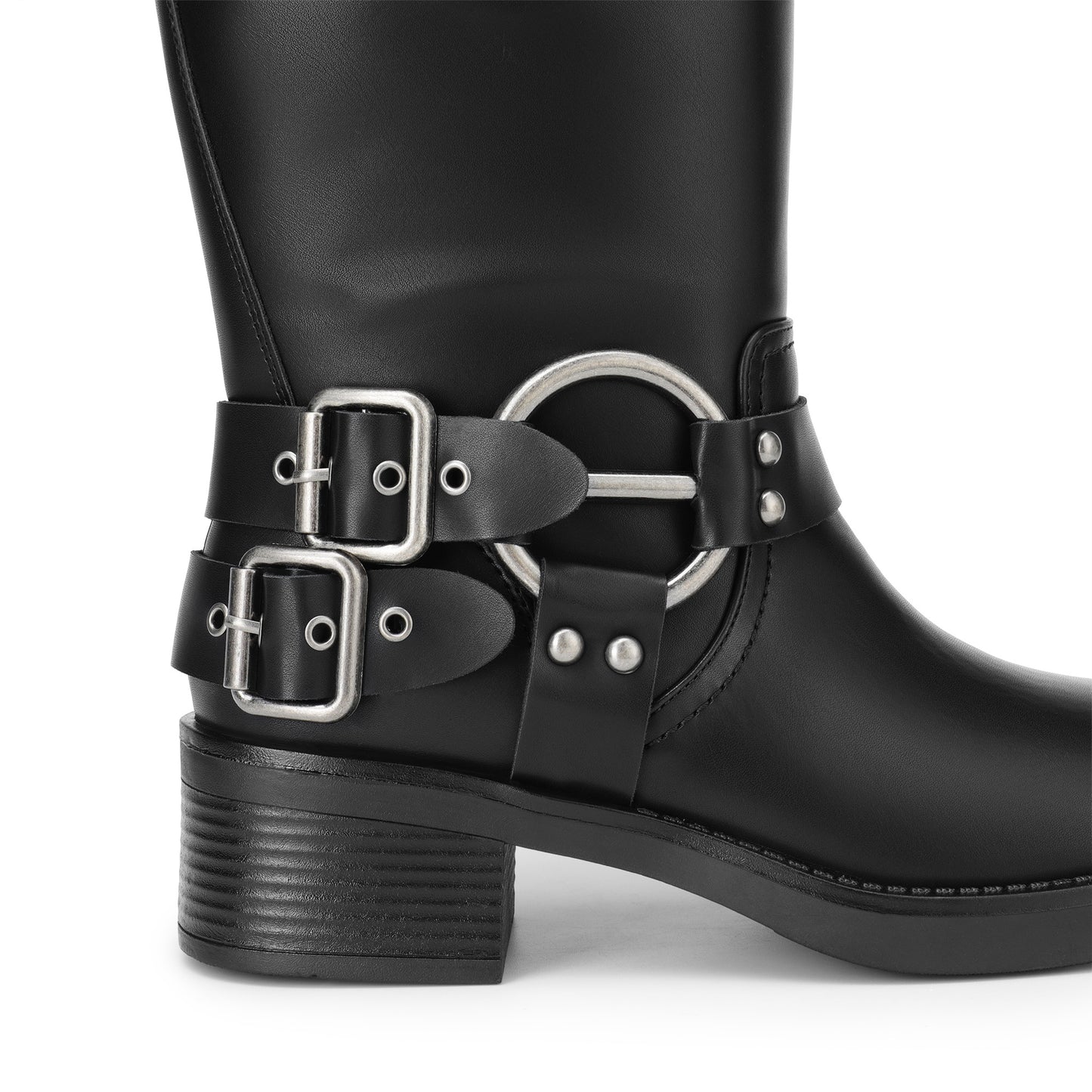 Mid Calf Biker Boots for Women: Square Toe, Buckles, Low Chunky Heel MyFave Boutique