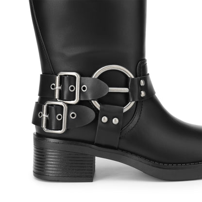 Mid Calf Biker Boots for Women: Square Toe, Buckles, Low Chunky Heel MyFave Boutique