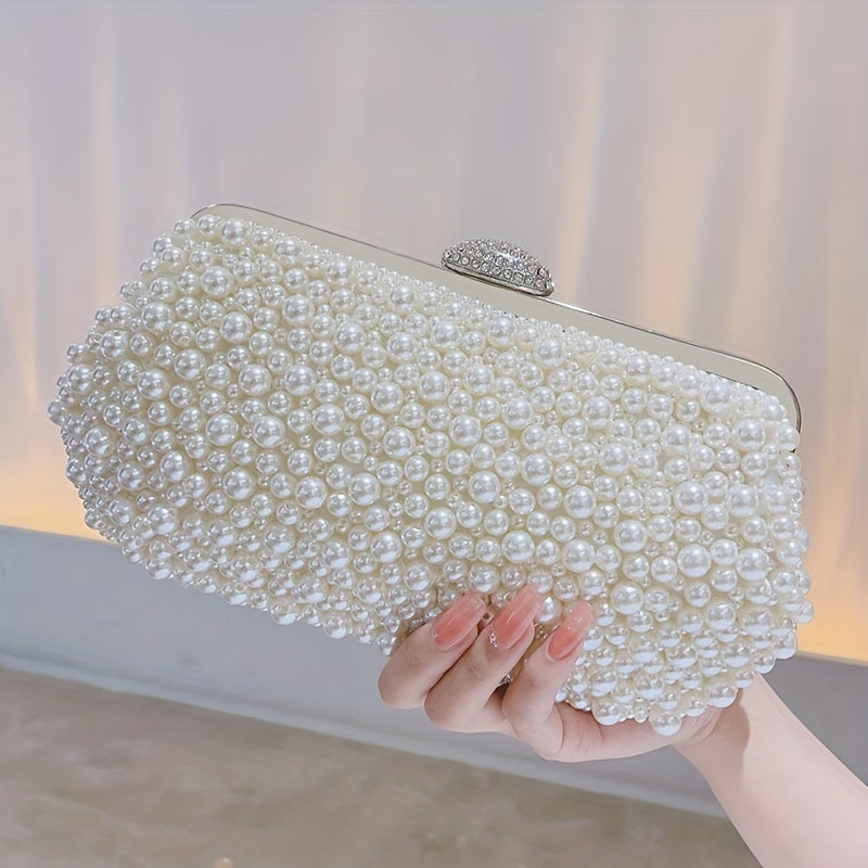 Elegant Faux Pearl Clutch Bag with Metal Chain and Floral Handle for Events, Parties, and Weddings MyFave Boutique