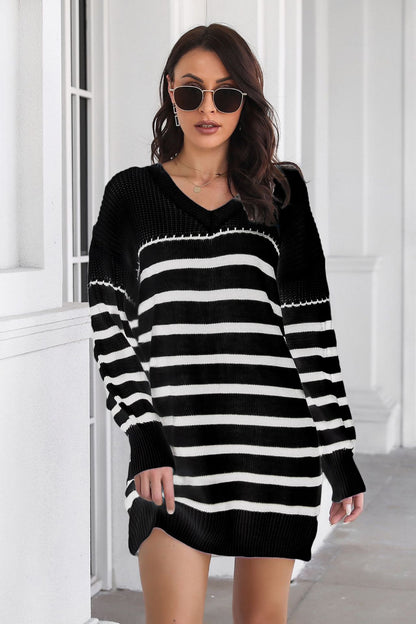 Striped V-Neck Drop Shulder Sweater Dress Trendsi