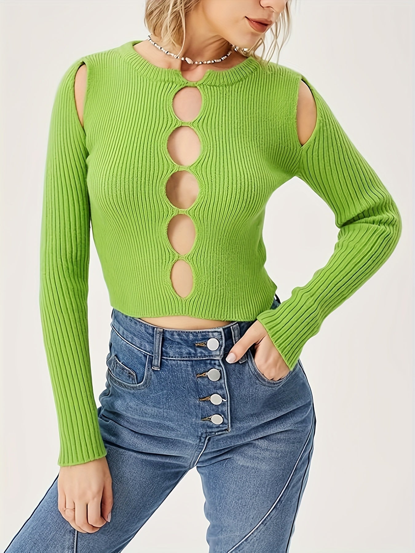 Solid Color Crew Neck Pullover Sweater, Sexy Long Sleeve Hollow Out Knitted Sweater For Fall & Winter, Women's Clothing MyFave Boutique