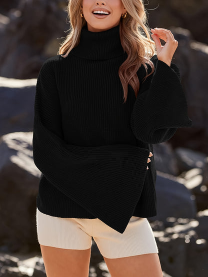 Solid Color Turtle Neck Pullover Sweater, Elegant Flared Long Sleeve Ribbed Knitted Sweater For Fall & Winter, Women's Clothing MyFave Boutique