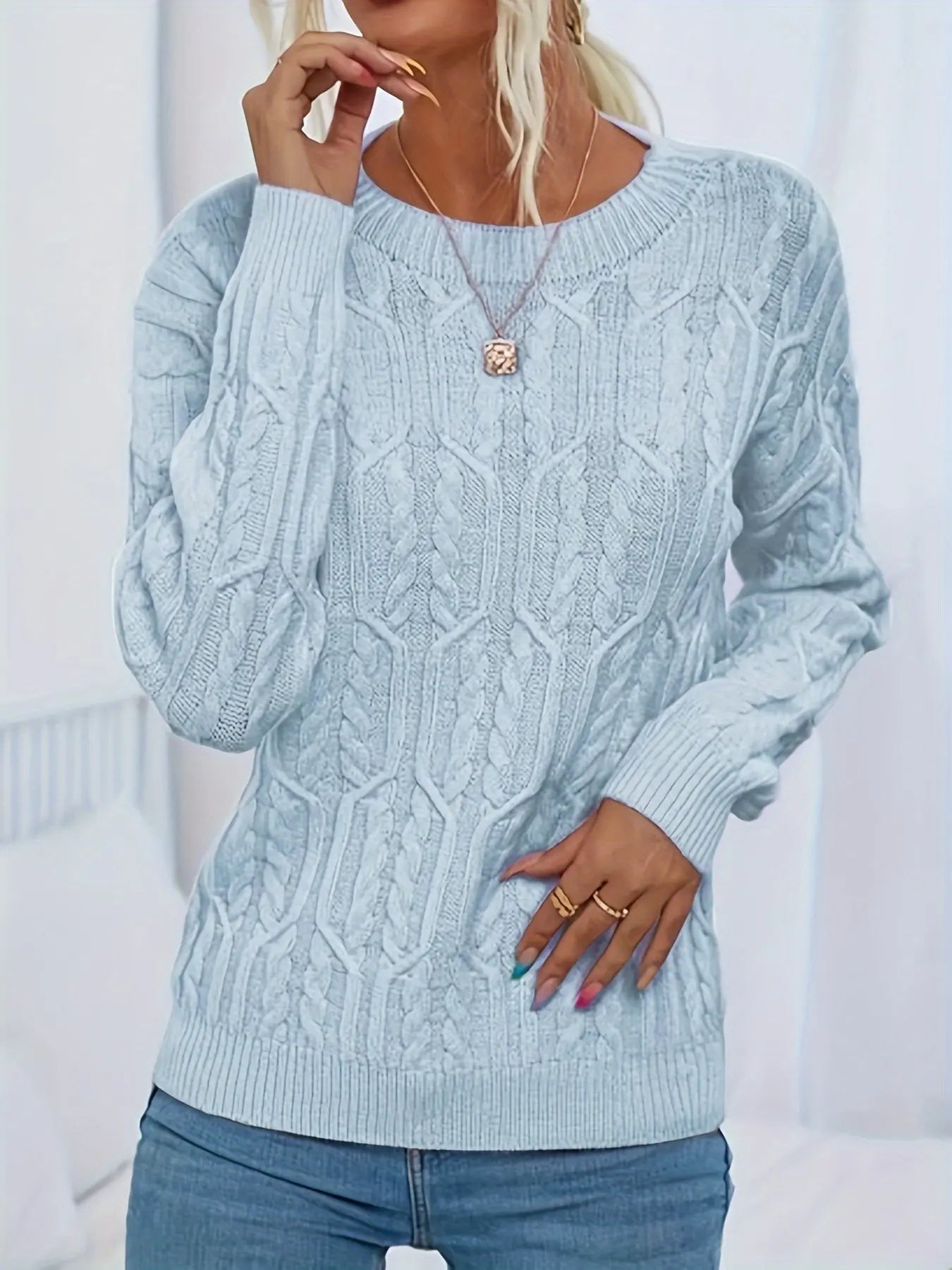 Crew Neck Solid Knitted Sweater, Casual Long Sleeve Sweater, Women's Clothing MyFave Boutique