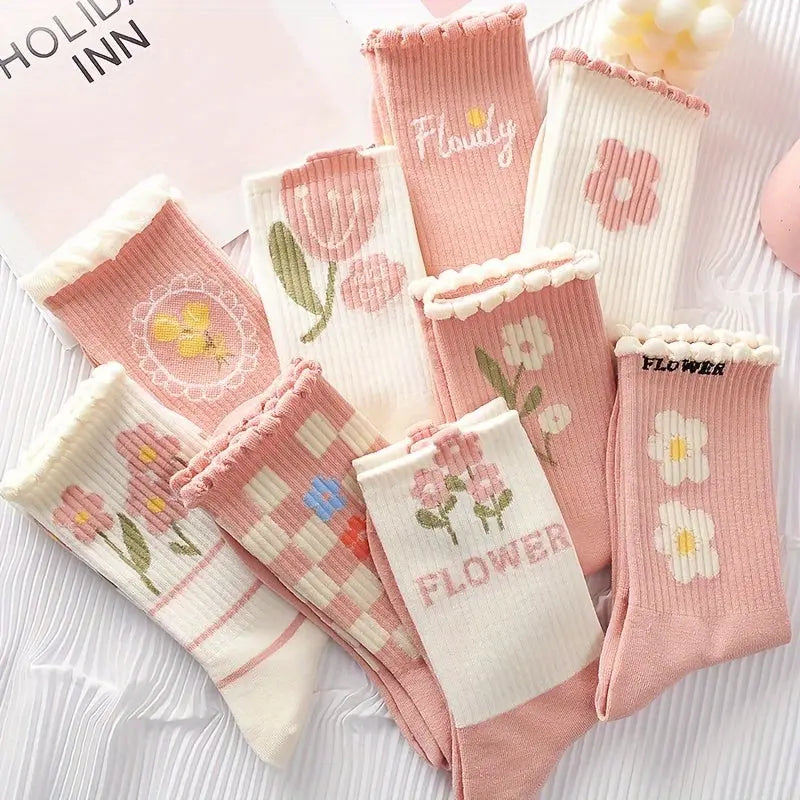 9 Pairs Floral Print Ruffled Socks, Sweet & Comfy Mid Tube Socks, Women's Stockings & Hosiery MyFave Boutique