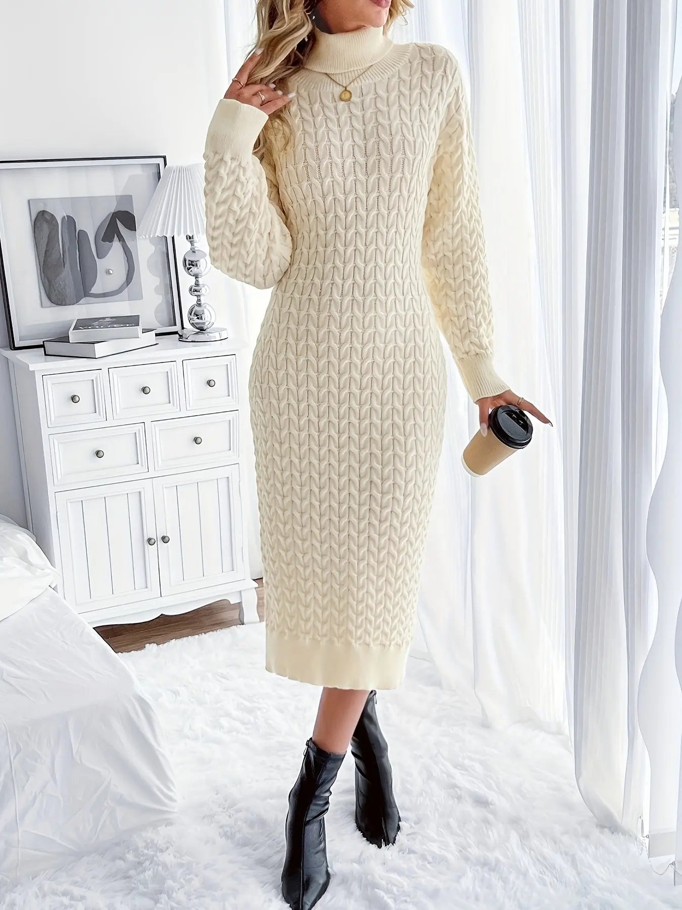 Turtleneck Cable Knitted Sweater Dress, Elegant Long Sleeve Dress For Fall & Winter, Women's Clothing MyFave Boutique