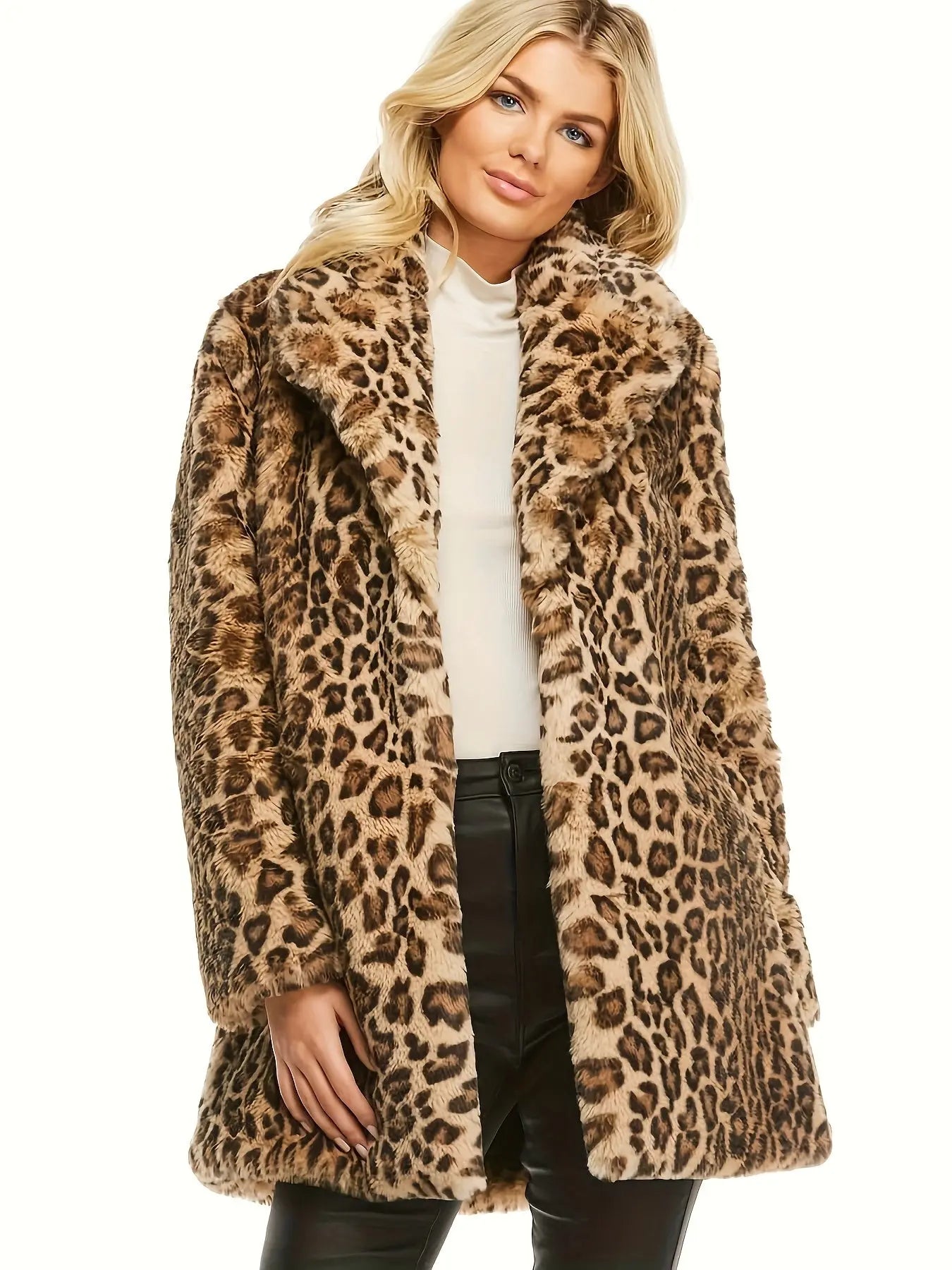 Elegant Leopard Print Faux Fur Coat for Women - 100% Polyester, All Season, Woven Stylish Outerwear MyFave Boutique