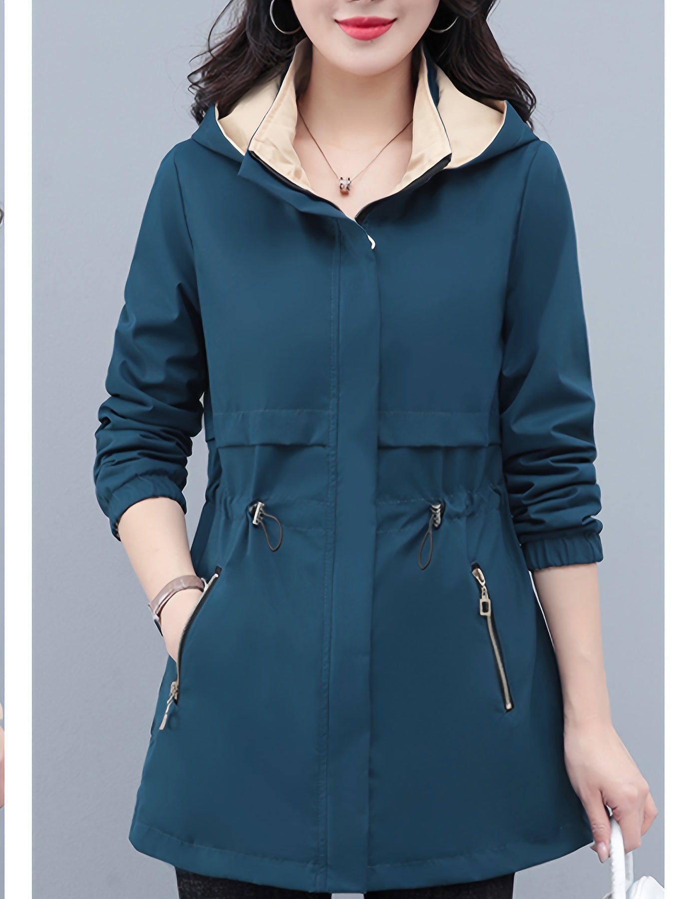 Color Block Zip-up Hoodie Windbreaker Jacket, Casual Long Sleeve Slant Pockets Drawstring Jacket For Spring & Fall, Women's Clothing MyFave Boutique