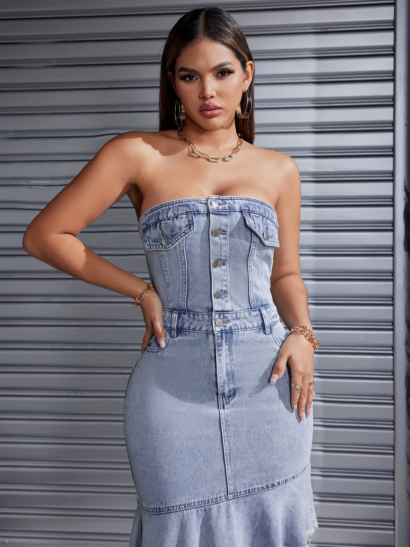 2024 Women's Sexy Denim Dress Sleeveless Halter Irregular Denim Dress Women's Casual Sleeveless Dress Off-the-shoulder Denim Dress MyFave Boutique