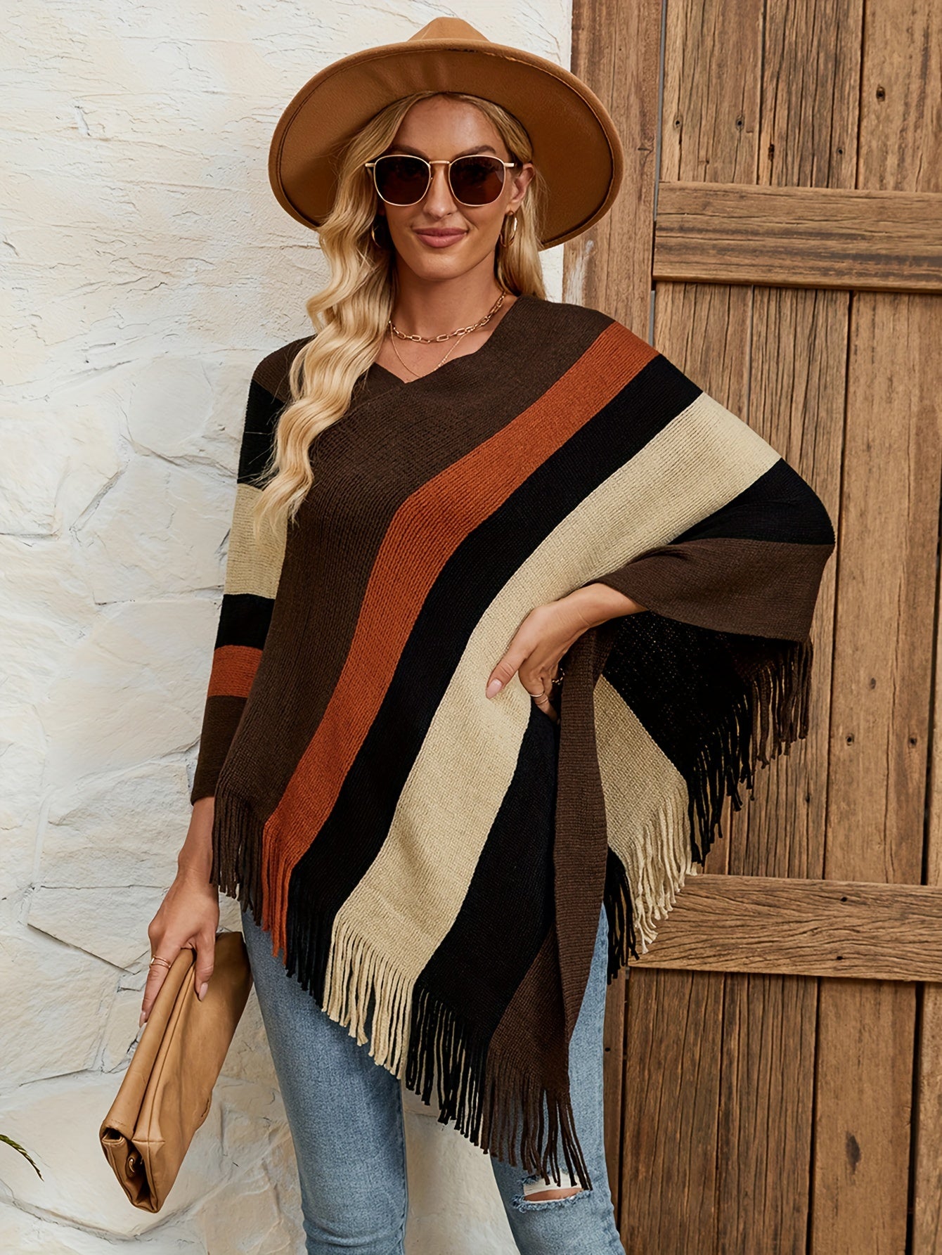 Striped Pattern Fringe Hem Poncho Sweater, Elegant Batwing Sleeve Knitted Top For Spring & Fall, Women's Clothing MyFave Boutique