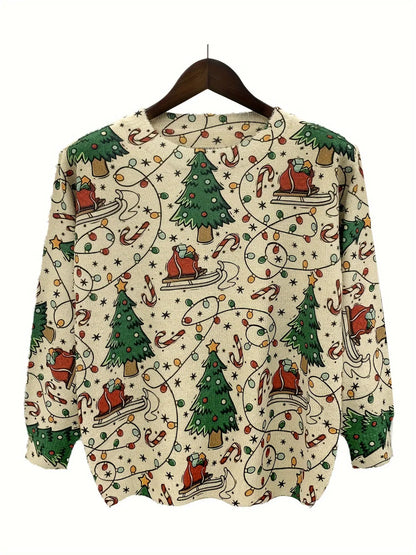 Elegant Crew Neck Festive Tree and Sleigh Print Long Sleeve Sweater for Women - Fall/Winter Pullover in Knit Polyester Blend (Polyester 71.50%, Acrylic 18%, Nylon 10.50%) MyFave Boutique