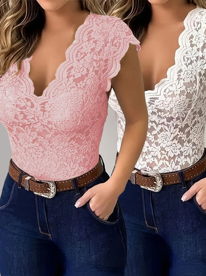 2pcs Fashion Sexy Summer Women's V-Neck Cutout Sexy Tight Top Solid Color Pullover Lace Shirt Vest Pack Of 2 MyFave Boutique